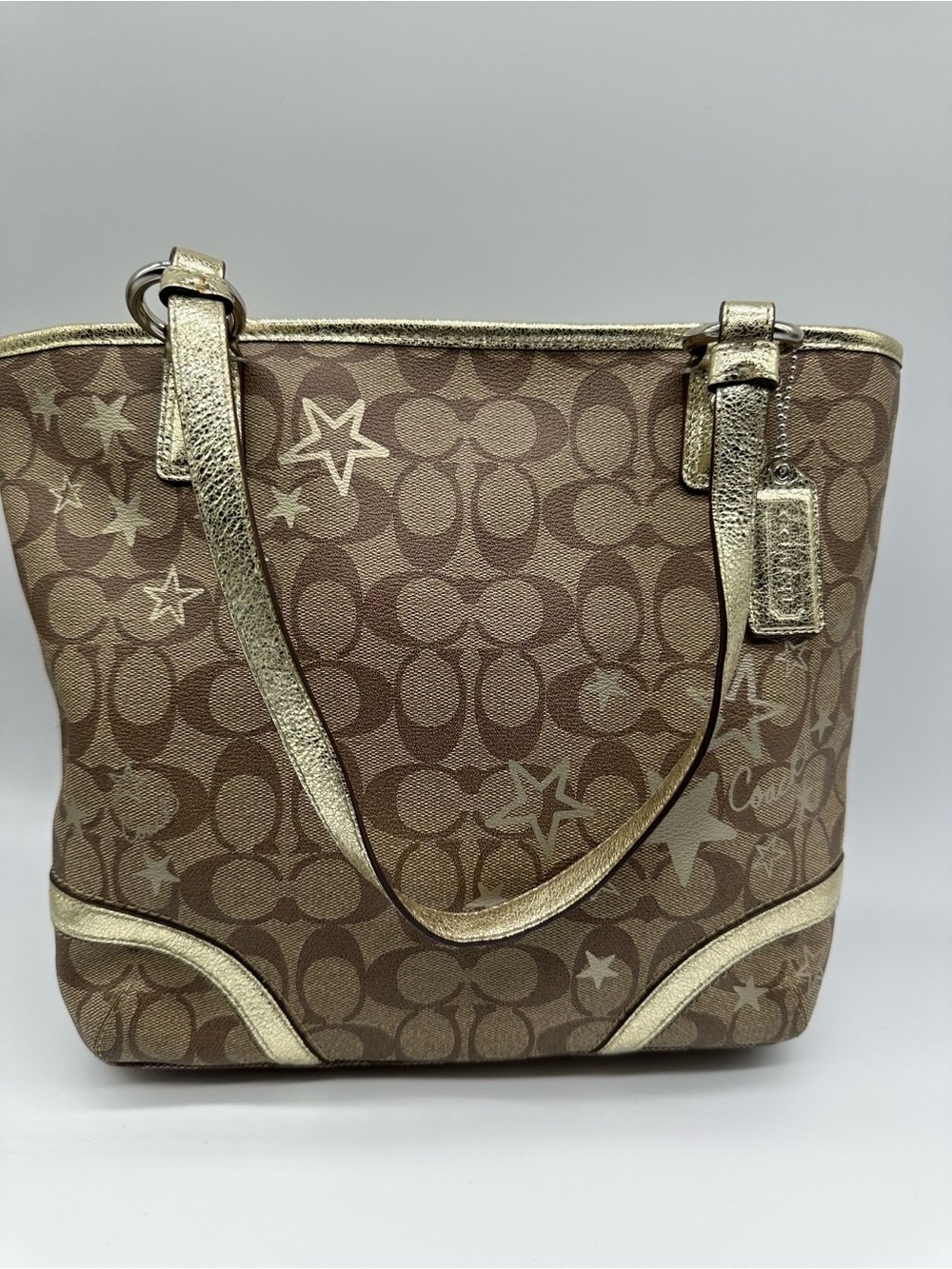 Coach Brown Signature Tote with Metallic Gold Accents